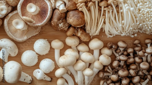 Assortment of Fresh Mushrooms on Wooden Surface