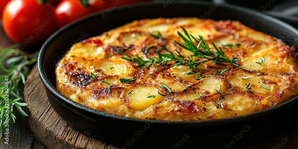 An overhead photo of a Spanish tortilla in a traditional tortilla, with parsley, on dark rustic textures with ingredients An overhead photo of a Spanish tortilla in a traditional tortilla, with parsley, on dark rustic textures with ingredients