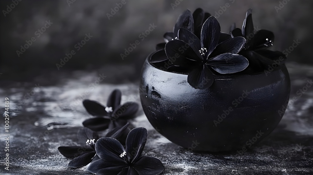 a dark, round bowl filled with black flowers. The flowers have a glossy appearance, and there are a few more of these flowers scattered on the surface next to the bowl. a dark, round bowl filled with black flowers. The flowers have a glossy appearance, and there are a few more of these flowers scattered on the surface next to the bowl.