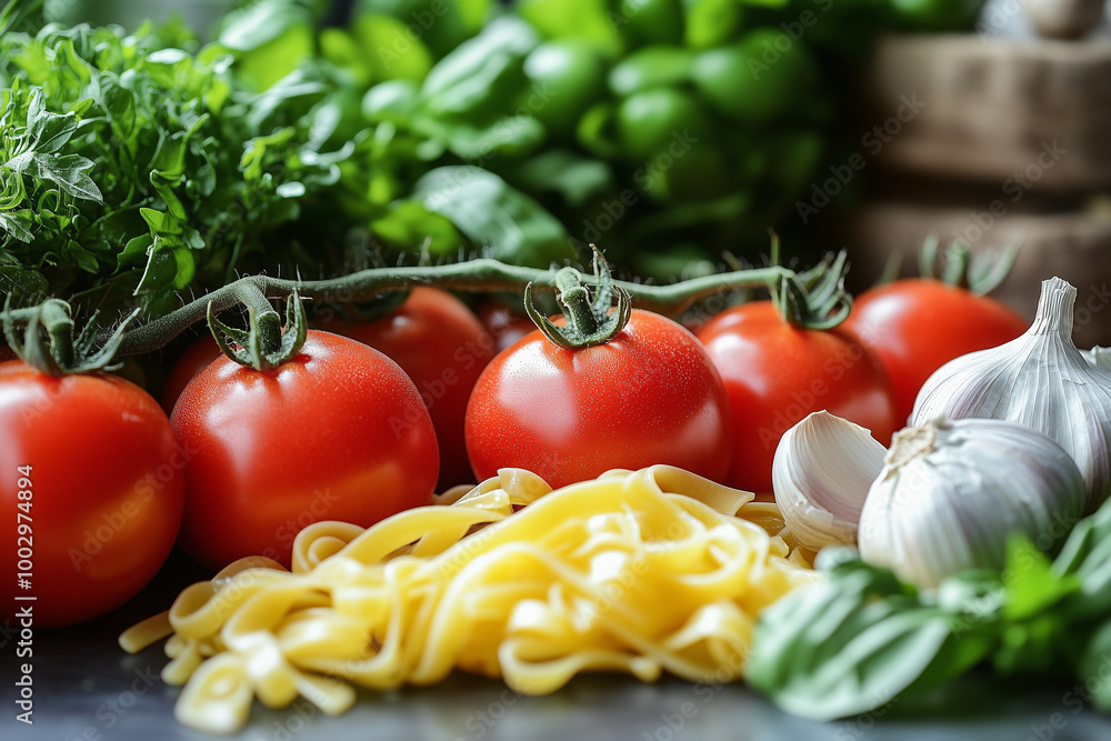 Close-up of fresh tomatoes, garlic, and pasta on a table, macro photography, foodie style, fresh vegetables, healthy eating concept. Close-up of fresh tomatoes, garlic, and pasta on a table, macro photography, foodie style, fresh vegetables, healthy eating concept.