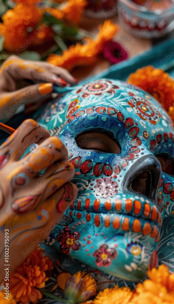 Fototapeta premium Creating Intricate Día de los Muertos Mask with Vibrant Patterns and Colors - Artistic Concept for Posters