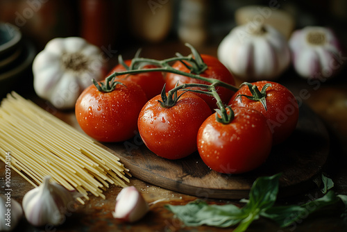 Sergio's fusion food photography of tomatoes, garlic, and pasta on the table, close-up. photo