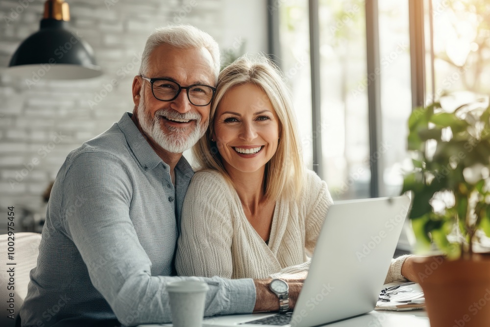Smiling Senior Couple Working on Laptop Together. Smiling Senior Couple Working on Laptop Together.