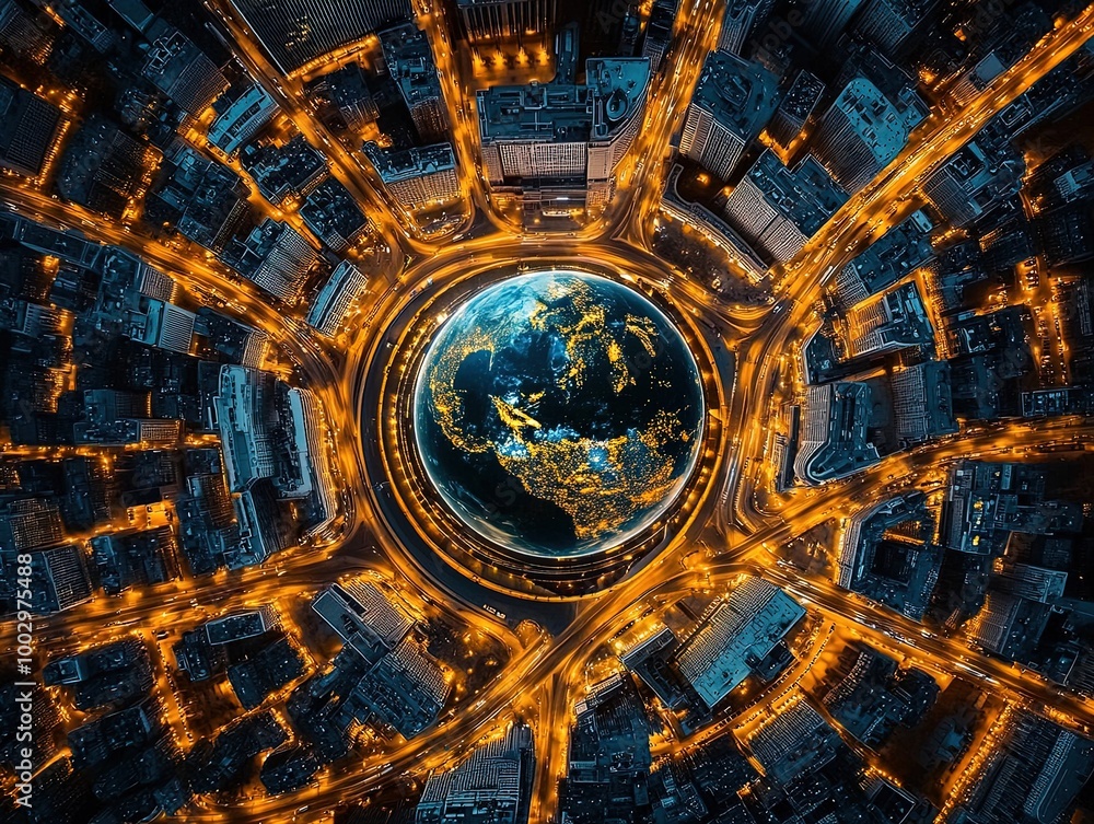 Stunning Aerial View of Illuminated European Cities Converging Around a Vibrant Globe - Perfect for a Sporty Interior Poster or Inspirational Urban Art! Stunning Aerial View of Illuminated European Cities Converging Around a Vibrant Globe - Perfect for a Sporty Interior Poster or Inspirational Urban Art!