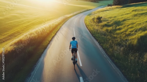 Cyclist Riding on Empty Road at Sunrise surrounded by scenic green fields.