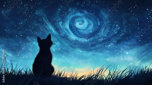 Silhouette of a black cat looking at the sky in a landscape with starry night van gogh style. Starry Night Sky. Illustration