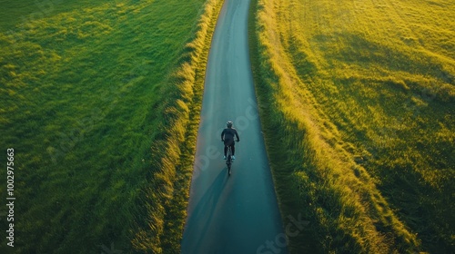 Aerial view Cyclist Riding on Empty Road surrounded by scenic green fields.
