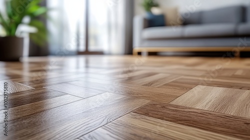 A cozy modern living room featuring beautiful wooden parquet flooring.