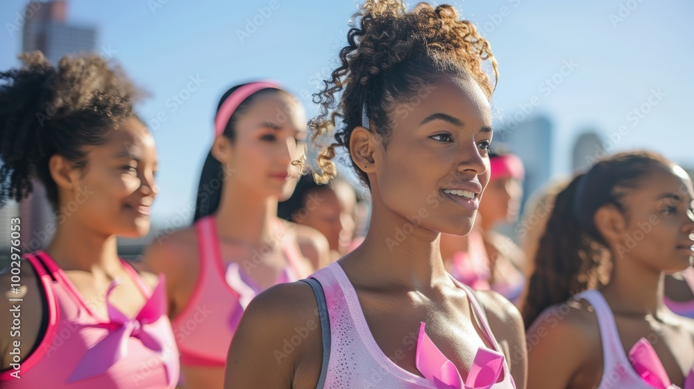 Diverse Women in Outdoor Fitness Class Supporting Breast Cancer Awareness with Pink Ribbons Diverse Women in Outdoor Fitness Class Supporting Breast Cancer Awareness with Pink Ribbons
