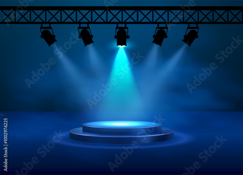 Light effect of spotlight with round podium on stage on dark blue background.