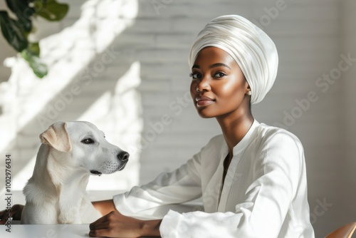 An African smiling woman and her dog sitting in a modern, creative workspace.