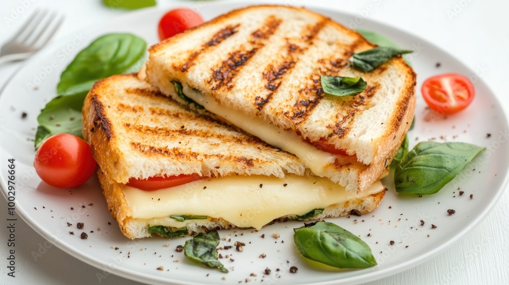 A grilled sandwich with cheese, tomatoes, and basil on a plate, garnished with fresh herbs. A grilled sandwich with cheese, tomatoes, and basil on a plate, garnished with fresh herbs.