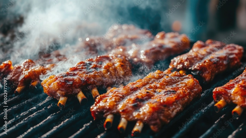 Grilled Ribs Cooking on Charcoal Barbecue Grill Grilled Ribs Cooking on Charcoal Barbecue Grill
