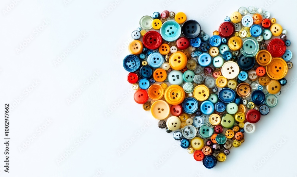 A close-up of colorful tiny plastic buttons arranged in a heart shape on a white background, serving as beautiful decorations with space for text, Generative AI A close-up of colorful tiny plastic buttons arranged in a heart shape on a white background, serving as beautiful decorations with space for text, Generative AI