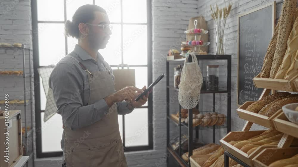 Young man using tablet in bakery shop interior with shelves of bread and pastries around him Young man using tablet in bakery shop interior with shelves of bread and pastries around him