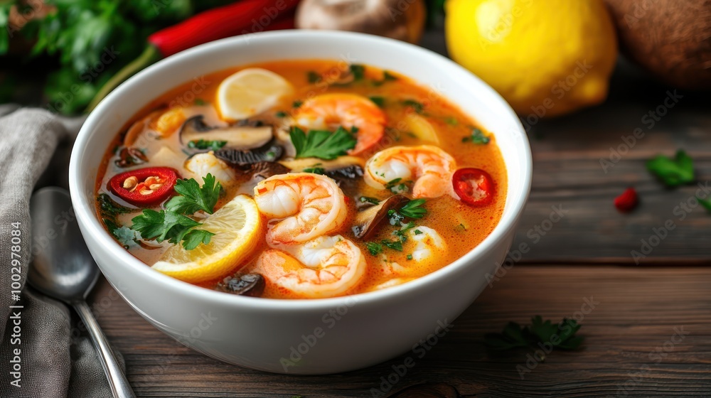 A vibrant bowl of shrimp soup garnished with herbs and citrus, ready to serve. A vibrant bowl of shrimp soup garnished with herbs and citrus, ready to serve.