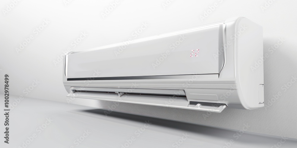 Wall-mounted white air conditioner with LED display. Close-up view of modern home appliance. Wall-mounted white air conditioner with LED display. Close-up view of modern home appliance.