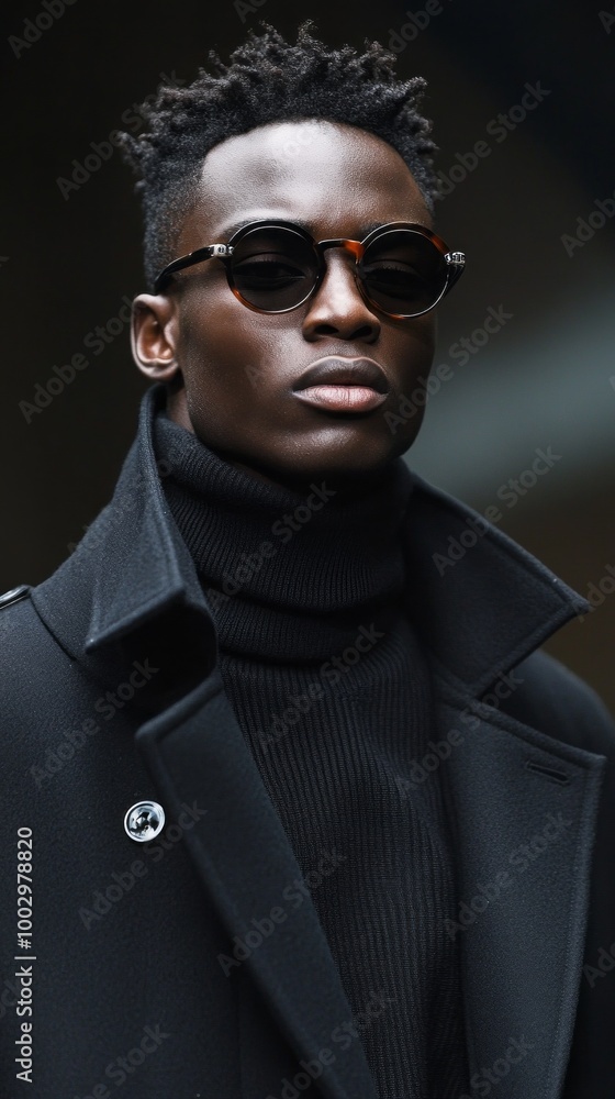 Obraz premium A man wearing a black coat and a black sweater with a black hat and sunglasses