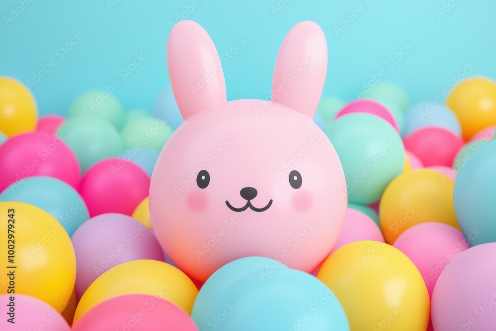 Cute pink bunny in a colorful ball pit, vibrant and playful atmosphere. Cute pink bunny in a colorful ball pit, vibrant and playful atmosphere.