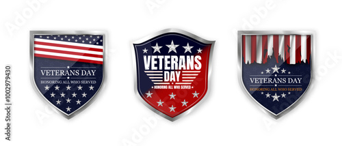 Veterans day. Set of realistic steel shield badges for the holiday veterans day. National holiday of the USA. Vector illustration.