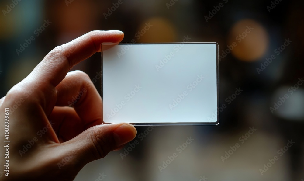 A mockup featuring a hand holding a blank translucent card with rounded corners, serving as a clear call-card template. The plastic white acrylic name card is displayed, Generative AI A mockup featuring a hand holding a blank translucent card with rounded corners, serving as a clear call-card template. The plastic white acrylic name card is displayed, Generative AI