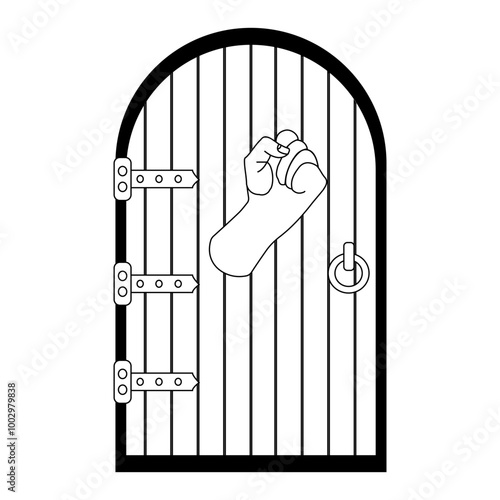 Person hand knocking on door illustration, coloring book in black and white. Please knock icon, Please knock the door