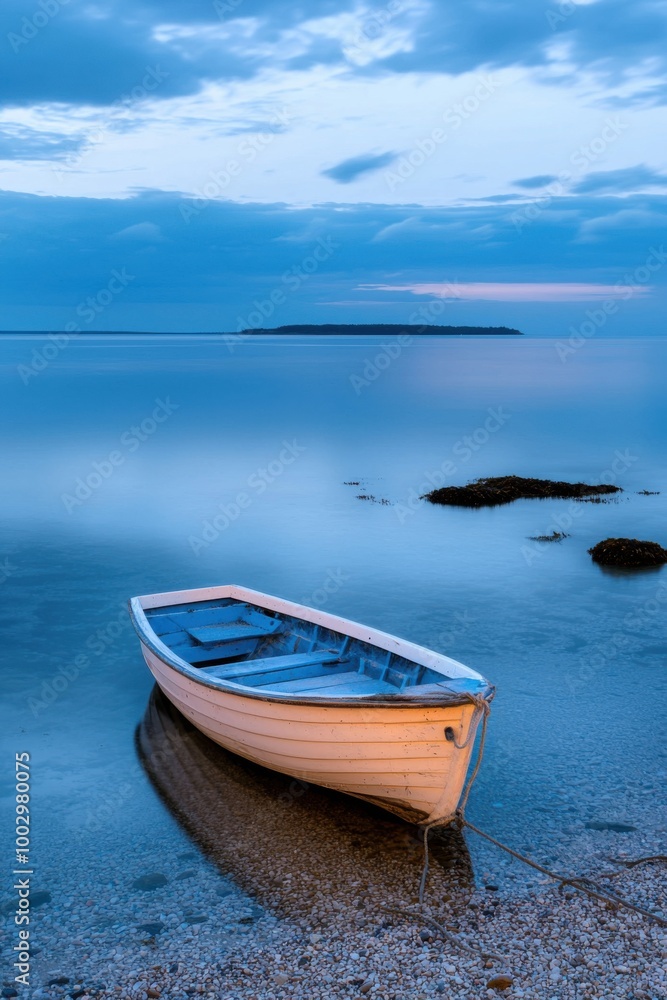 Lonely boat on calm water during twilight, serene coastal scene. Lonely boat on calm water during twilight, serene coastal scene.