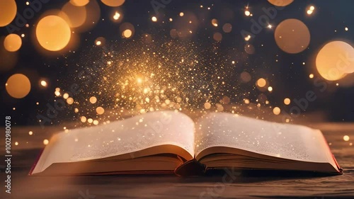 Magical book with glowing pages and floating cosmic sparkles, magic coming from open book, magical book animation, seamless looping