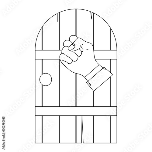 Person hand knocking on door illustration, coloring book in black and white. Please knock icon, Please knock the door