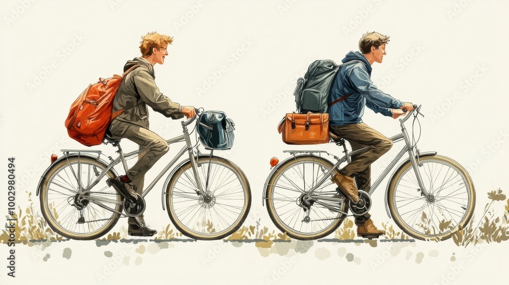 Two young men ride bicycles on a journey each carrying luggage Two young men ride bicycles on a journey each carrying luggage