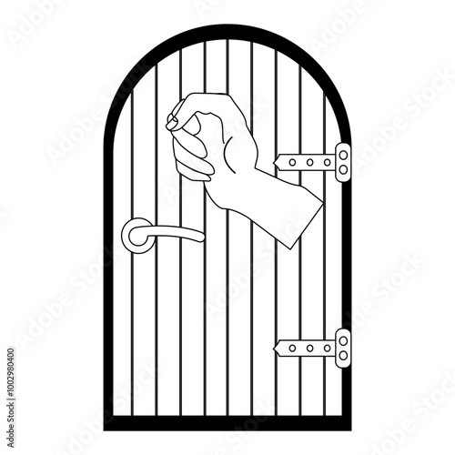 Person hand knocking on door illustration, coloring book in black and white. Please knock icon, Please knock the door