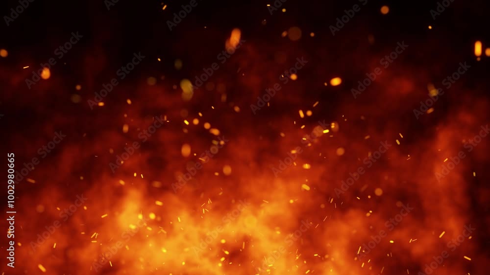 Artistic blurred fire flames with flying sparks animation. Seamless looping copy space background.