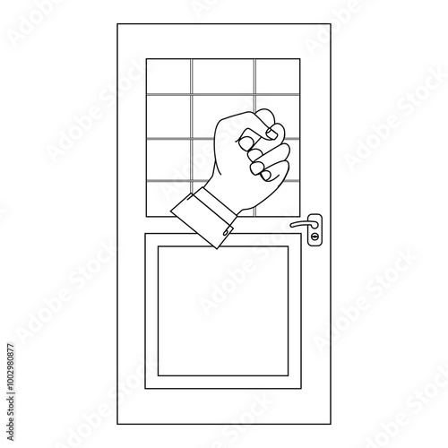 Person hand knocking on door illustration, coloring book in black and white. Please knock icon, Please knock the door