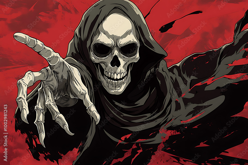 A menacing skeletal figure in a dark cloak reaching out against a blood-red background. A menacing skeletal figure in a dark cloak reaching out against a blood-red background.