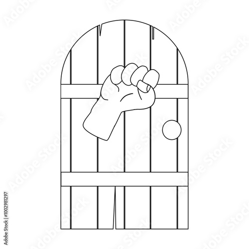 Person hand knocking on door illustration, coloring book in black and white. Please knock icon, Please knock the door