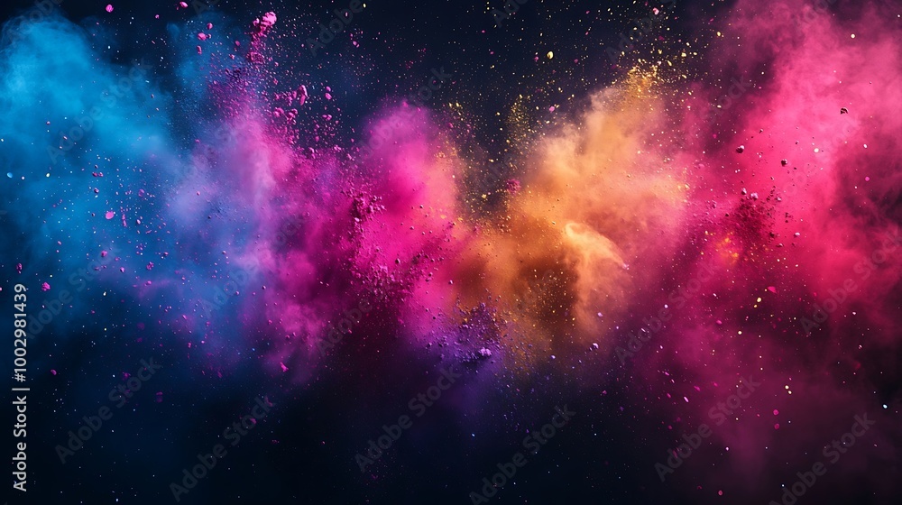 Eye-catching explosion of multicolored powder on deep black background image Eye-catching explosion of multicolored powder on deep black background image
