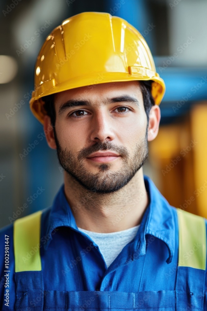 Portrait of a confident worker wearing a yellow hard hat and blue uniform. Portrait of a confident worker wearing a yellow hard hat and blue uniform.