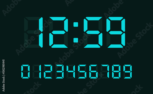 Blue digital led numbers. Electronic or digital clock counter with led figures. Vector EPS 10