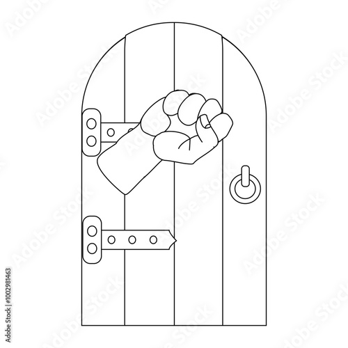 Person hand knocking on door illustration, coloring book in black and white. Please knock icon, Please knock the door