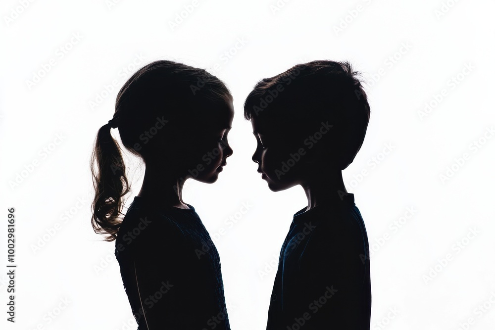 Silhouette of two children facing each other on a white isolated background. Silhouette of two children facing each other on a white isolated background.