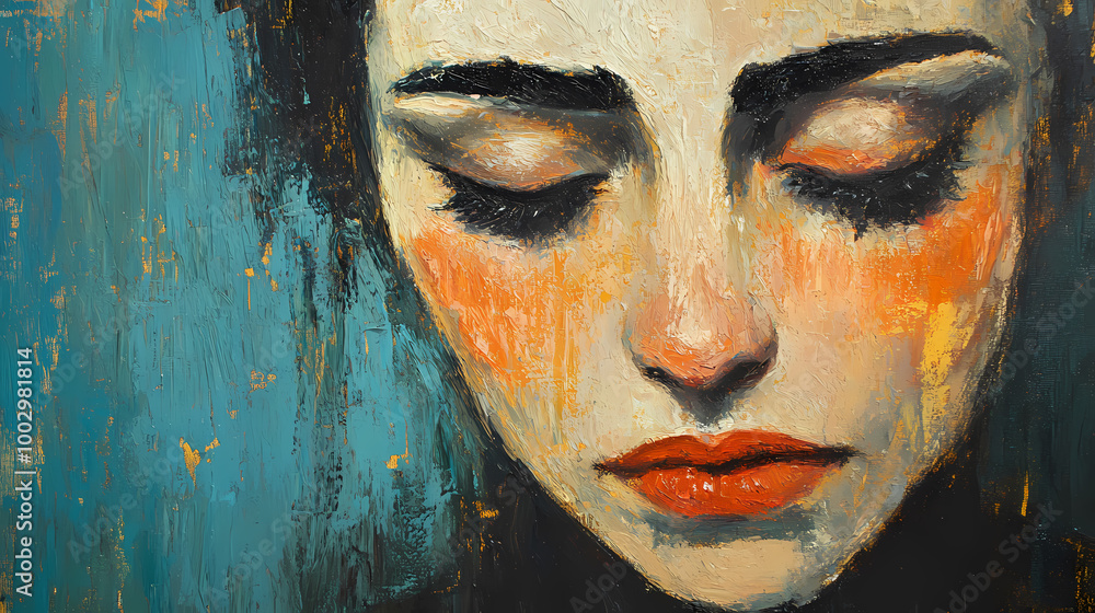 Oil paint, portrait of a sad woman on canvas. expressionist style. sadness image concept. Abstract Expressionism. Illustration Oil paint, portrait of a sad woman on canvas. expressionist style. sadness image concept. Abstract Expressionism. Illustration
