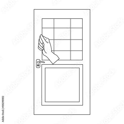 Person hand knocking on door illustration, coloring book in black and white. Please knock icon, Please knock the door