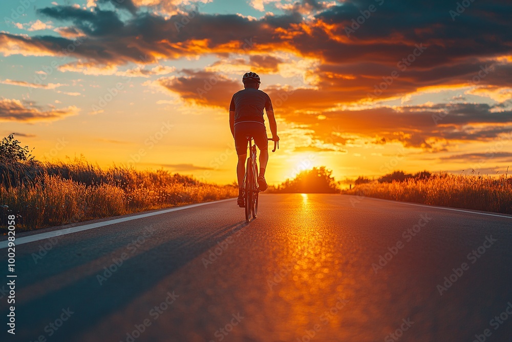 Rear back view of a cyclist man silhouetted against the orange twilight sky, riding on an asphalt road at dusk. Highlights summer outdoor sport activity and healthy lifestyle. Rear back view of a cyclist man silhouetted against the orange twilight sky, riding on an asphalt road at dusk. Highlights summer outdoor sport activity and healthy lifestyle.