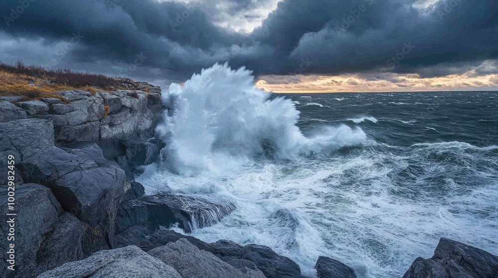 Obraz premium Powerful Waves Crash Against Rocky Shoreline at Dusk