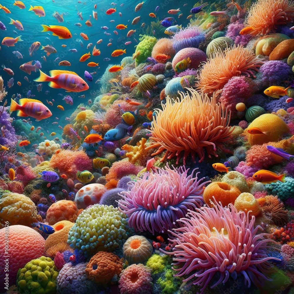 Fototapeta premium An underwater scene featuring a vibrant coral reef teeming with colorful fish and diverse marine life. The vivid hues and intricate textures of the corals and sea creatures make this image perfect for