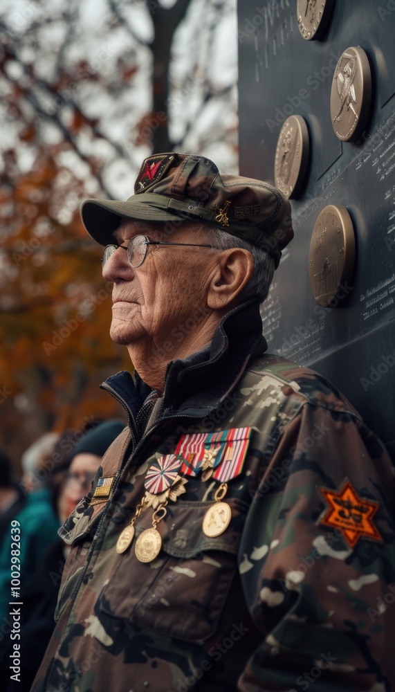 Proud Veteran Standing by Veterans Day Memorial Plaque with Medals and Autumn Leaves Proud Veteran Standing by Veterans Day Memorial Plaque with Medals and Autumn Leaves