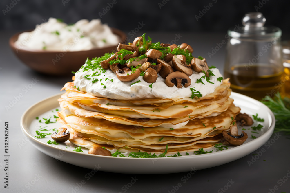Stack of thin, golden-brown pancakes topped with a dollop of creamy white sauce, garnished with chopped fresh parsley and sliced mushrooms served on a white plate. Horizontal, side view. Stack of thin, golden-brown pancakes topped with a dollop of creamy white sauce, garnished with chopped fresh parsley and sliced mushrooms served on a white plate. Horizontal, side view.