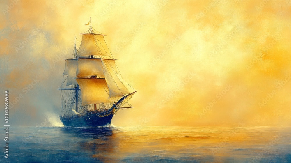 Fototapeta premium A tall ship sails across a calm sea as the sun sets in the distance.