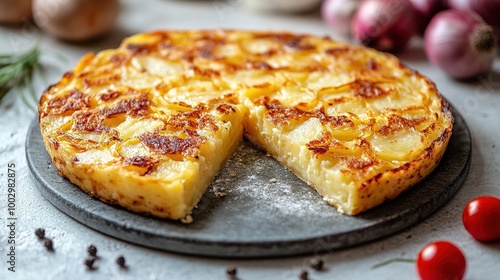 An overhead photo of a Spanish tortilla in a traditional tortilla, with parsley, on dark rustic textures with ingredients