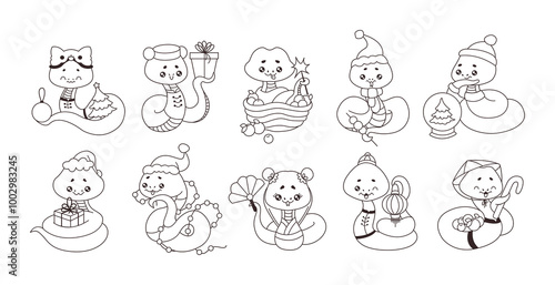 Snakes with different New Year accessories line cartoon set